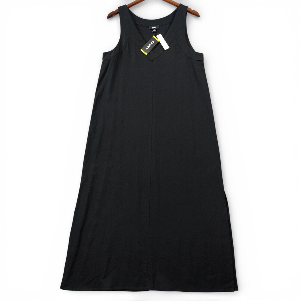 DKNY Linen Blend Maxi Tank Dress Sz M Black Sleeveless Minimalist A-Line